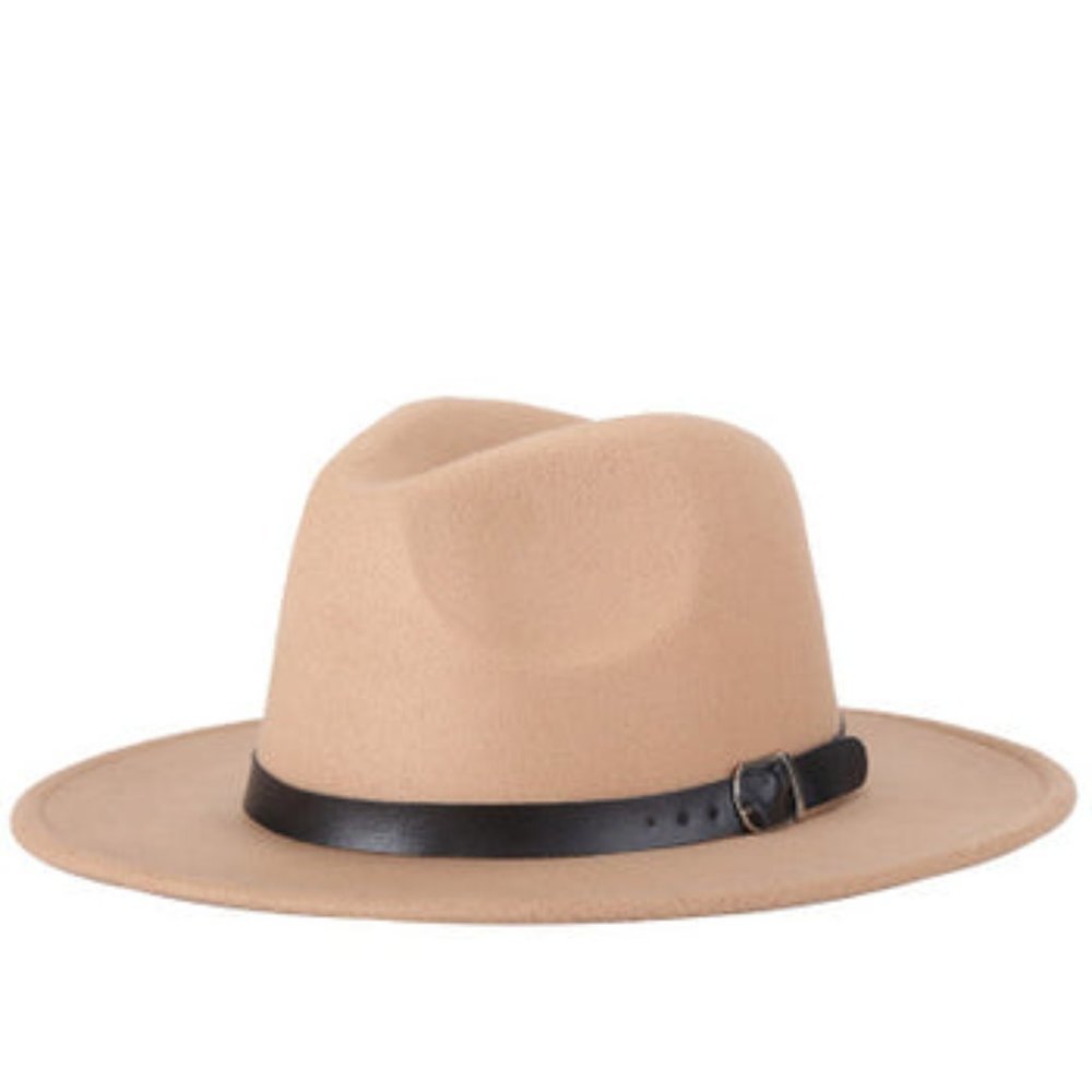Unisex Fedora Brim Casual Beige Hat Woolen Cowboy Blend Cap Manhattan Belt Trim